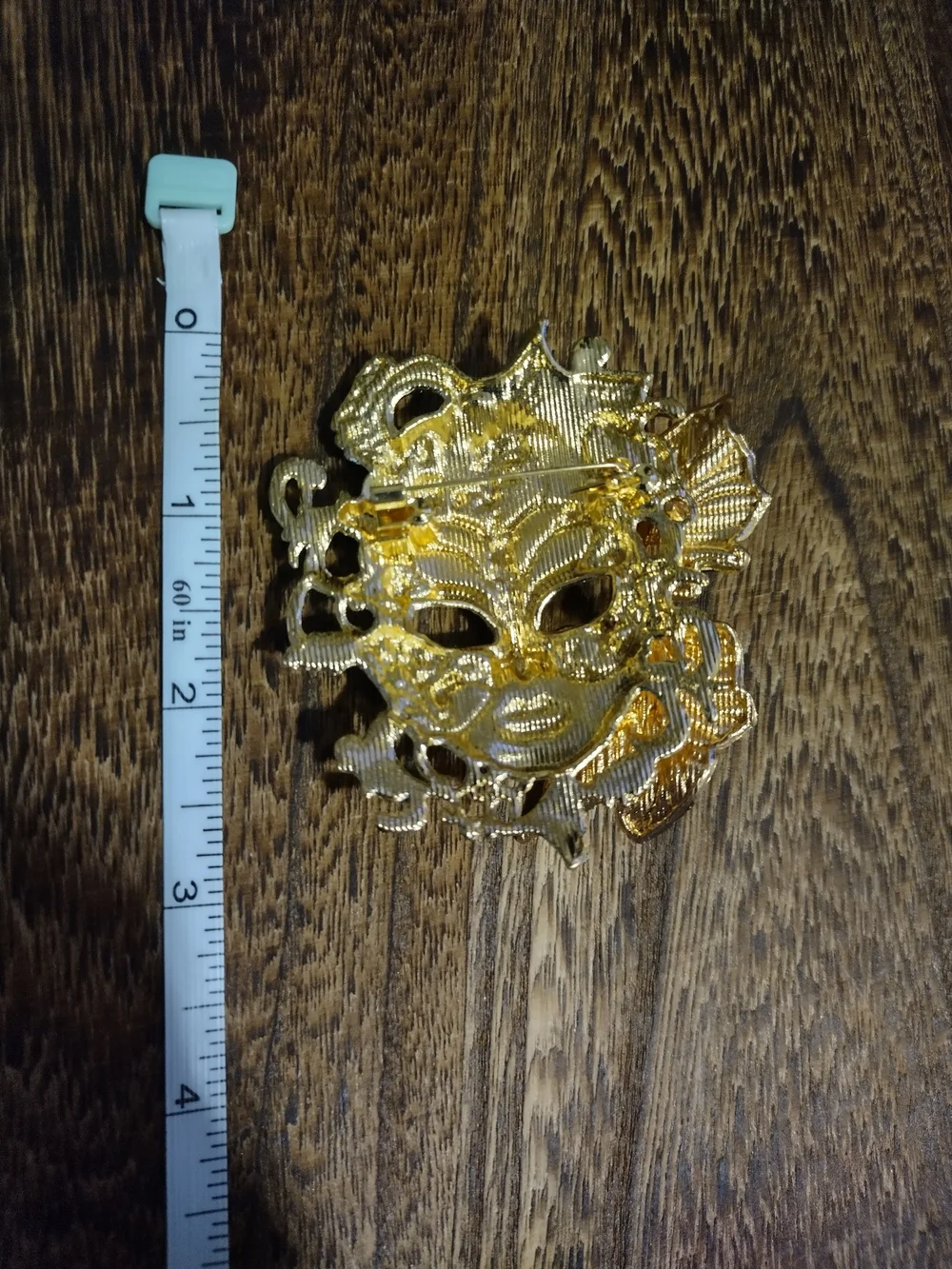 Gold and Black Venetian-Style Mask Brooch with Teal and Red Accents
